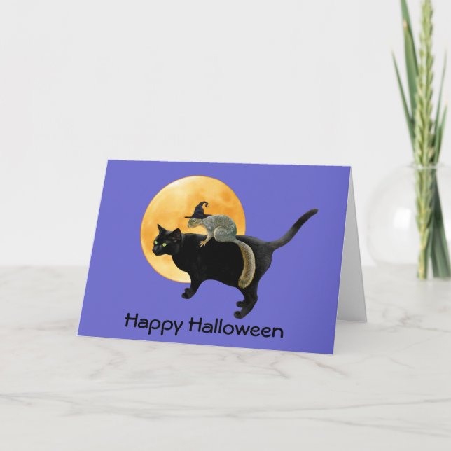 Witch Squirrel on Cat Halloween Card (Front)