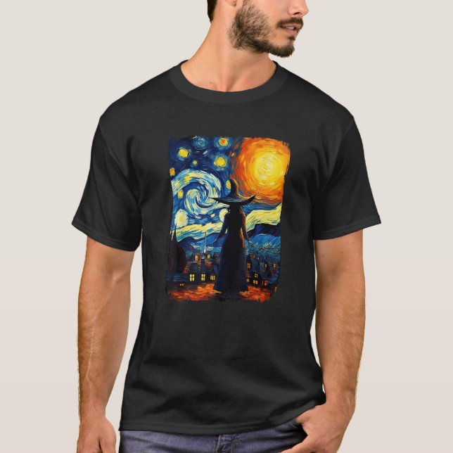 Witch Starry Night Van Gogh Aesthetic Halloween Co T-Shirt (Front)