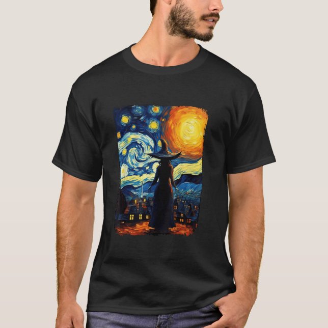 Witch Starry Night Van Gogh Aesthetic Halloween Co T-Shirt (Front)