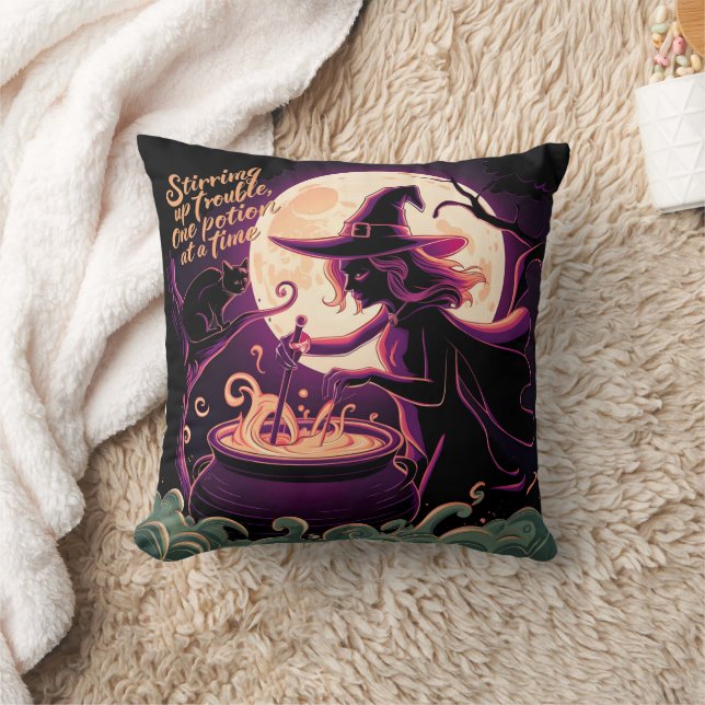 Witch stirring a potion under a full moon at night cushion (Blanket)