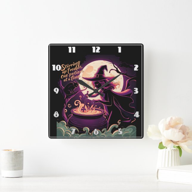 Witch stirring a potion under a full moon at night square wall clock (Home)