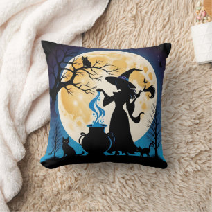 Witch stirring potions on Halloween night Cushion