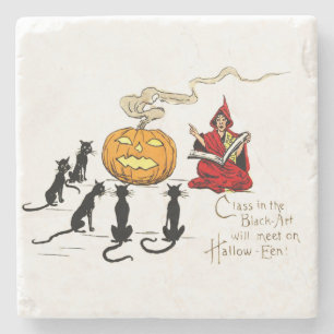 Witch Teaching Black Cat Jack O' Lantern Stone Coaster