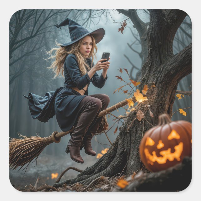 Witch Texting While Flying On a Broom Square Sticker (Front)