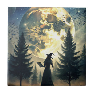 Witch Under Full Moon Enchanted Night Ceramic Tile