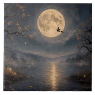 Witch Under Full Moon Gothic Halloween Lake Ceramic Tile
