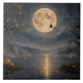 Witch Under Full Moon Gothic Halloween Lake Ceramic Tile