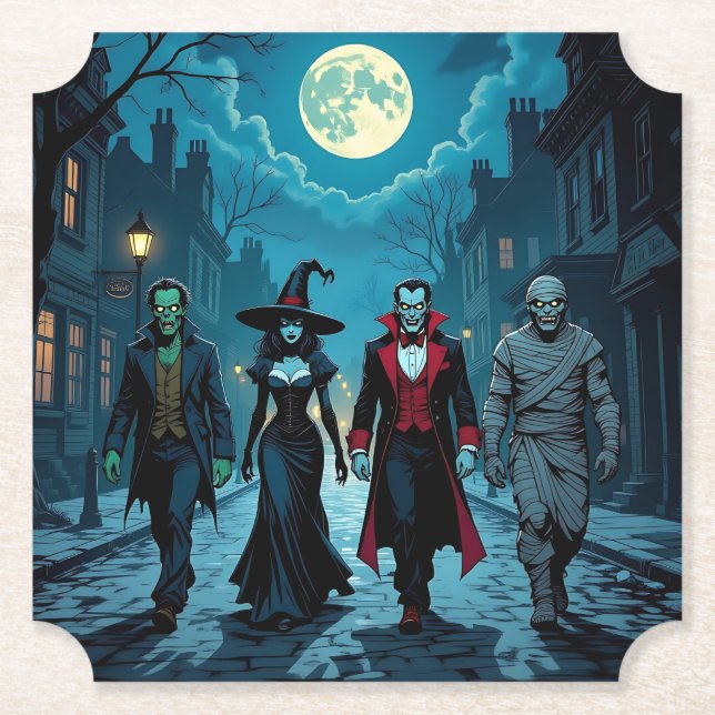 Witch, Vampire, Dracula and Mummy Halloween Party Paper Coaster (Front)