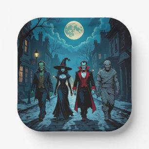 Witch, Vampire, Dracula and Mummy Halloween Party Paper Plate