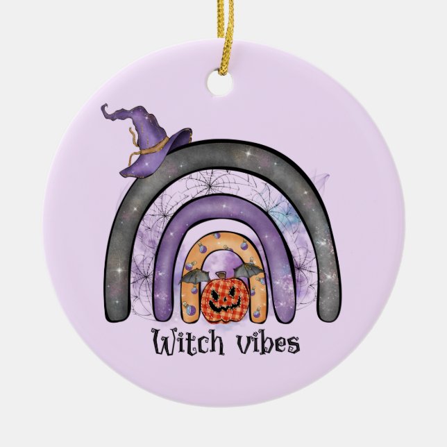 Witch Vibes – Black Rainbow, Purple Witch Hat Ceramic Ornament (Front)