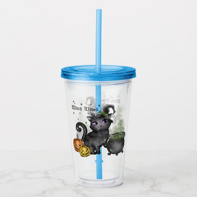 Witch Vibes – Cute Black Cat with Cauldron Acrylic Tumbler (Front)