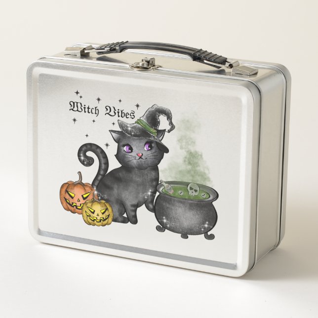 Witch Vibes – Cute Black Cat with Cauldron Metal Lunch Box (Front)