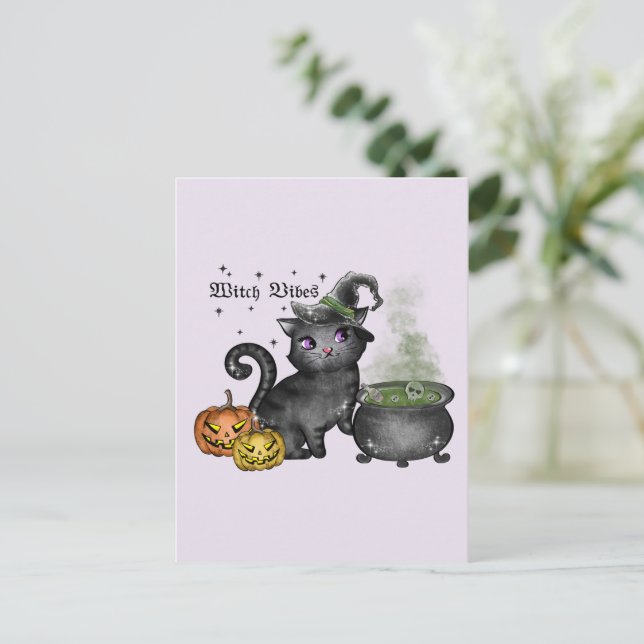 Witch Vibes – Cute Black Cat with Cauldron Postcard (Standing Front)