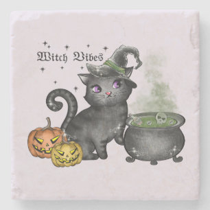 Witch Vibes – Cute Black Cat with Cauldron Stone Coaster