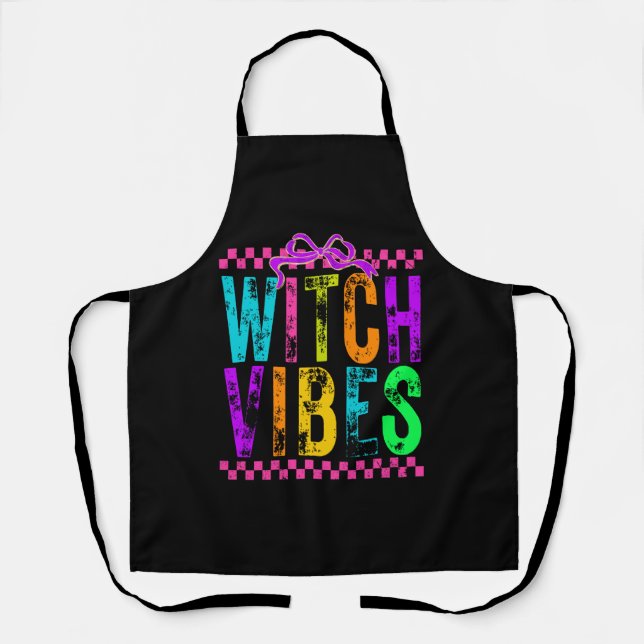 Witch Vibes Halloween Neon Checkered Bow Apron (Front)