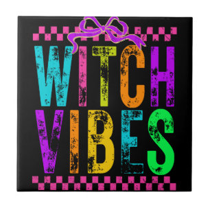 Witch Vibes Halloween Neon Checkered Bow Ceramic Tile