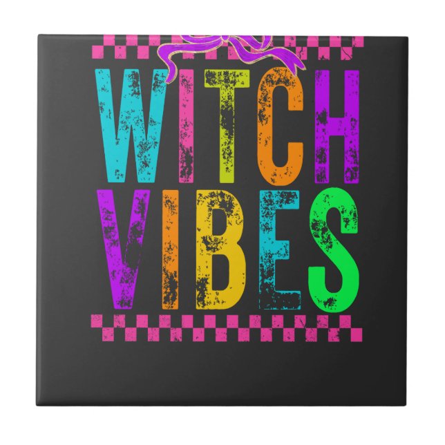 Witch Vibes Halloween Neon Checkered Bow Ceramic Tile (Front)