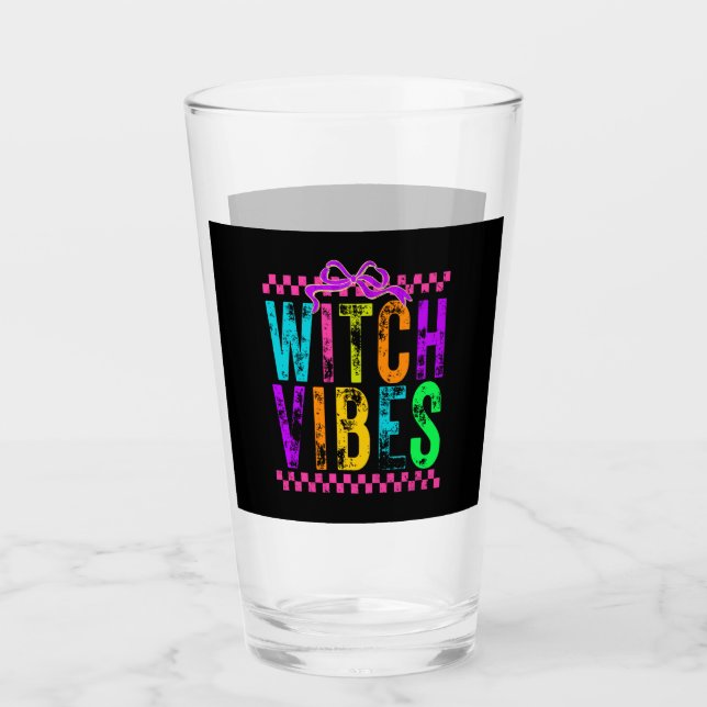 Witch Vibes Halloween Neon Checkered Bow Glass (Front)