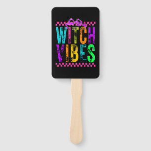 Witch Vibes Halloween Neon Checkered Bow Hand Fan