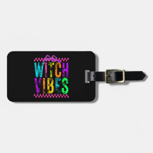 Witch Vibes Halloween Neon Checkered Bow Luggage Tag