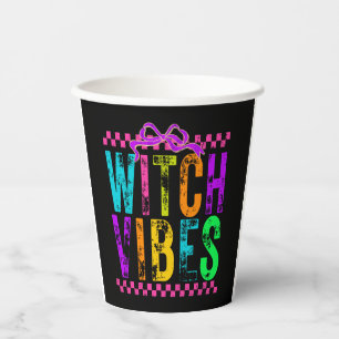 Witch Vibes Halloween Neon Checkered Bow Paper Cups