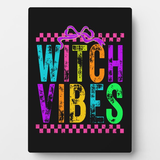 Witch Vibes Halloween Neon Checkered Bow Plaque (Front)