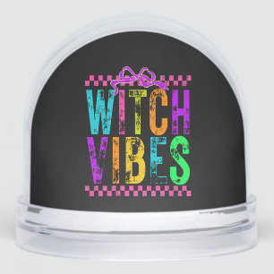 Witch Vibes Halloween Neon Checkered Bow Snowglobe