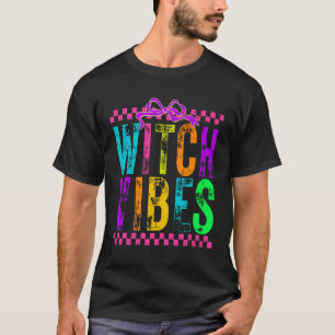 Witch Vibes Halloween Neon Checkered Bow T-Shirt