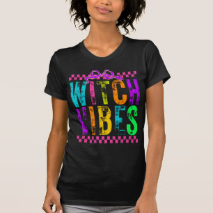 Witch Vibes Halloween Neon Checkered Bow T-Shirt