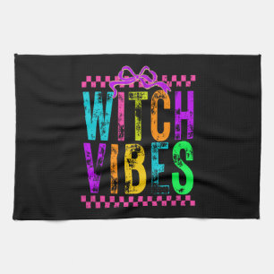 Witch Vibes Halloween Neon Checkered Bow Tea Towel