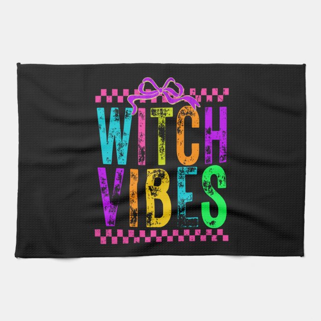 Witch Vibes Halloween Neon Checkered Bow Tea Towel (Horizontal)
