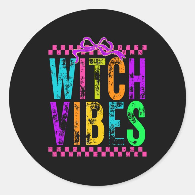 Witch Vibes Halloween Neon Chequered Bow Classic Round Sticker (Front)