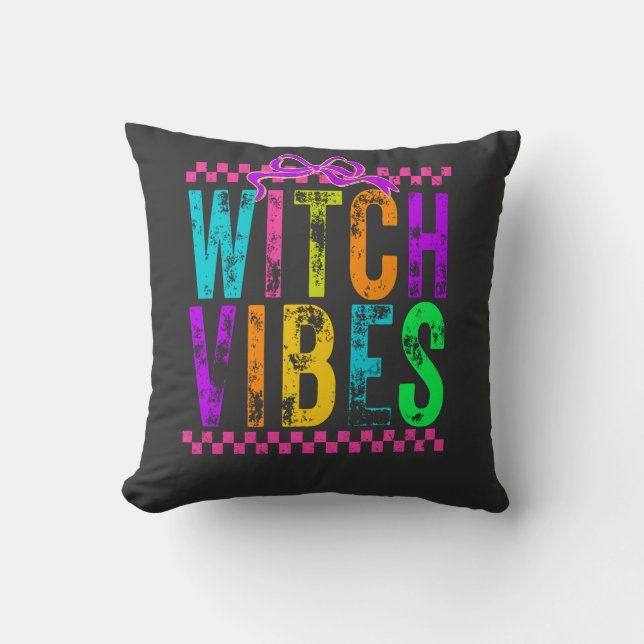 Witch Vibes Halloween Neon Chequered Bow Cushion (Front)