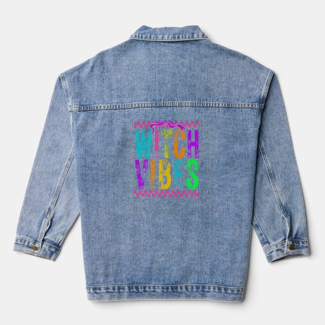 Witch Vibes Halloween Neon Chequered Bow Denim Jacket (Back)