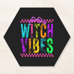 Witch Vibes Halloween Neon Chequered Bow Paper Coaster