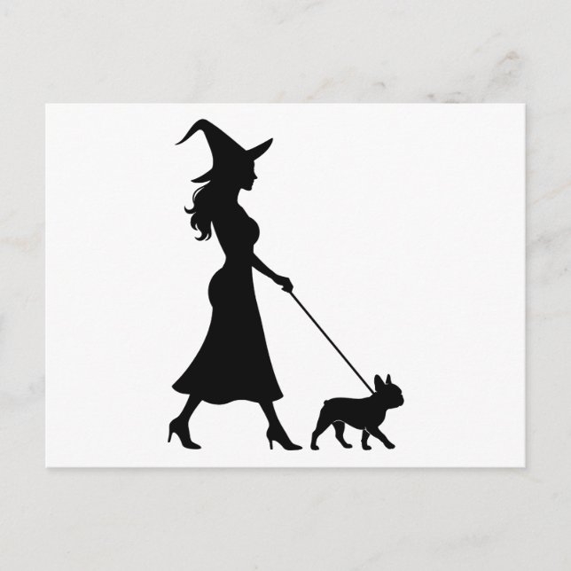 Witch Walking Frenchie Holiday Postcard (Front)