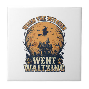 Witch Waltzing Halloween Vintage Engraving Design_ Ceramic Tile