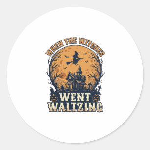 Witch Waltzing Halloween Vintage Engraving Design_ Classic Round Sticker