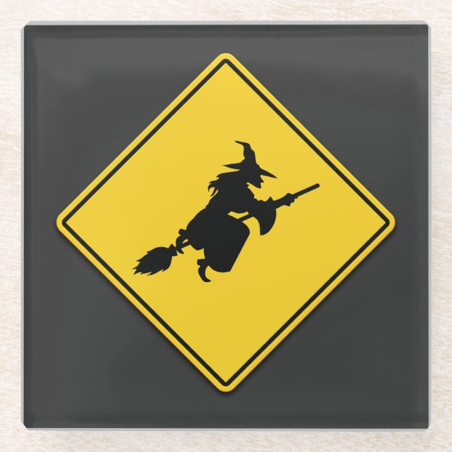 Witch Warning Halloween Glass Coaster (Front)