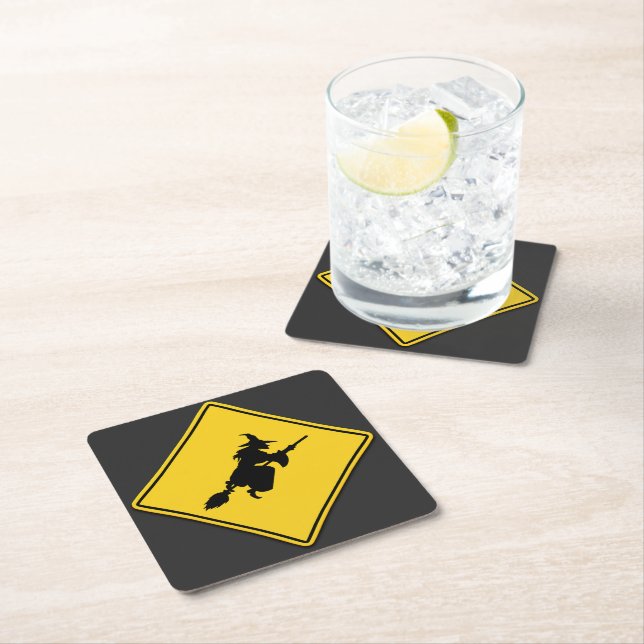 Witch Warning Halloween Square Paper Coaster (Insitu)