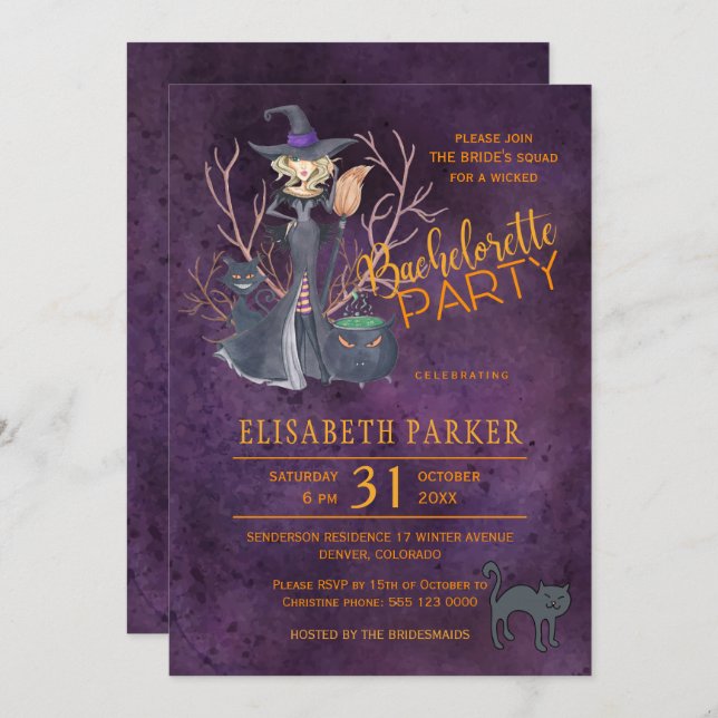 Witch watercolor Halloween bachelorette party Invitation (Front/Back)