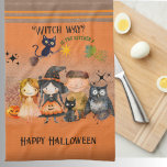Witch Way Halloween Orange Tea Towel<br><div class="desc">Check this cute Halloween bright orange "Witch Way Is the Kitchen ?" KITCHEN TOWEL featuring monsters, and a cat flying a broom.All text allows for customisation. You can change the Happy Halloween to your Name, or Family name. This is a part of Halloween Monsters Collection. Check the collection for matching...</div>