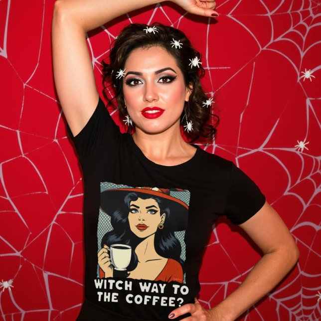 Witch Way to the Coffee Halloween Barista Pop Art T-Shirt (Witch Way to the Coffee Halloween Barista Pop Art T-Shirt.)