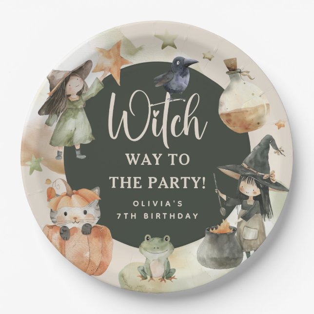 Witch Way to the Party' Kids Halloween Birthday Paper Plate (Front)