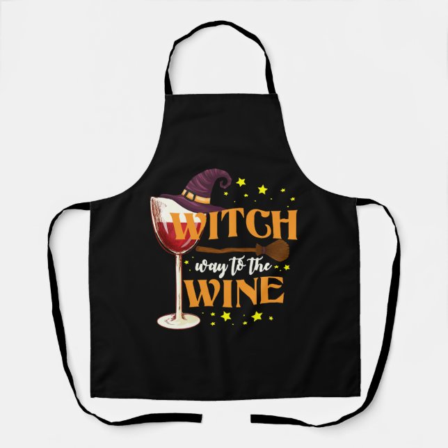 Witch Way To The Wine - Funny Halloween Wine Lover Apron (Front)