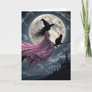 Witch Wearing a Pink Dress on a Broomstick Card