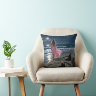 Witch Wearing a Pink Dress on a Moonlit Beach Cushion