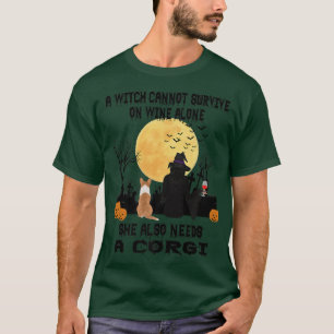 Witch Wine And Corgi Dog Mum Funny Halloween Costu T-Shirt