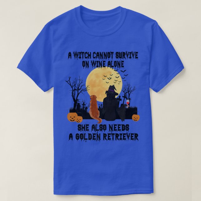 Witch Wine And Golden Retriever Dog Funny Hallowee T-Shirt (Design Front)