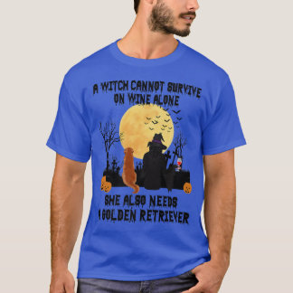 Witch Wine And Golden Retriever Dog Funny Hallowee T-Shirt